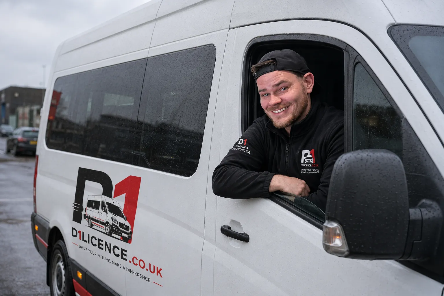 D1 driving instructor in a branded minibus training vehicle